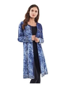 Denim Acid Wash Open Front Studded Long Jacket